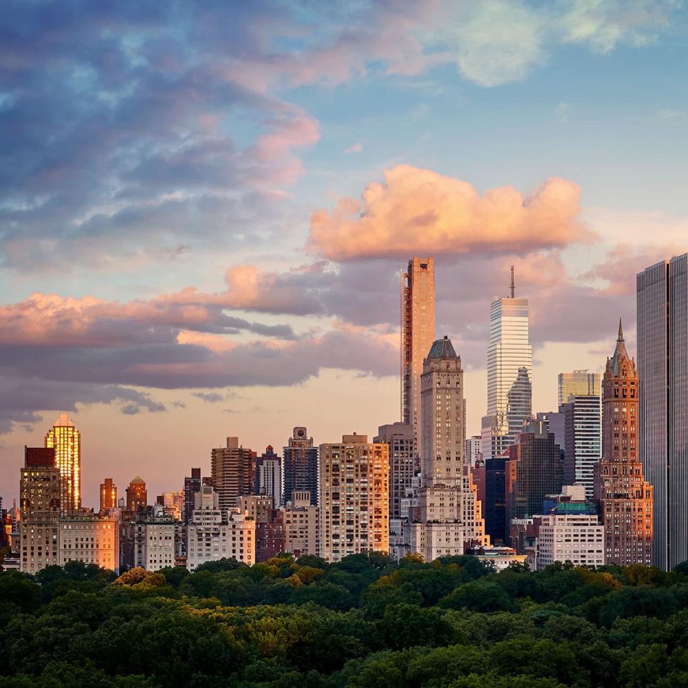 New York City Upper East Side skyline over the Central Park at sunset, USA.